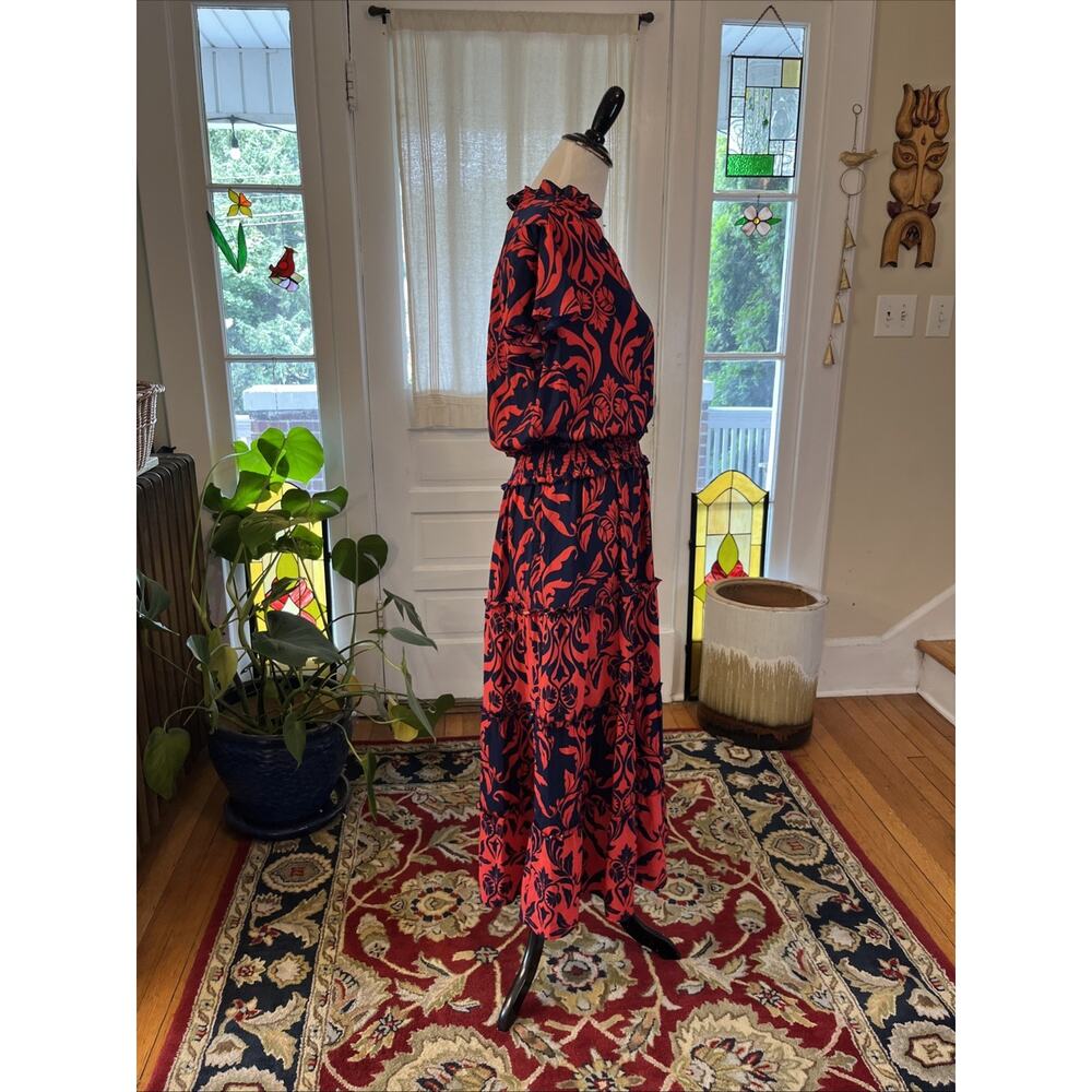 CHICOS Sz 0 Maxi Dress US 4 S Flutter Sleeve Smocked Waist Damask Floral Tier - Picture 3 of 11